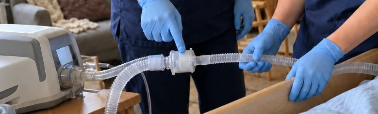 Zwei Pflegekräfte in Einmalhandschuhen prüfen gemeinsam einen Beatmungsschlauch am Pflegebett